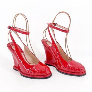 Bottega Veneta Intrecciato Wedge Heels Size 38 US 8 Red Patent Ankle Wrap